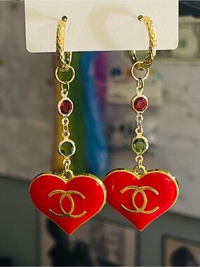 Red Heart Logo Drop Earrings - Gold Tone